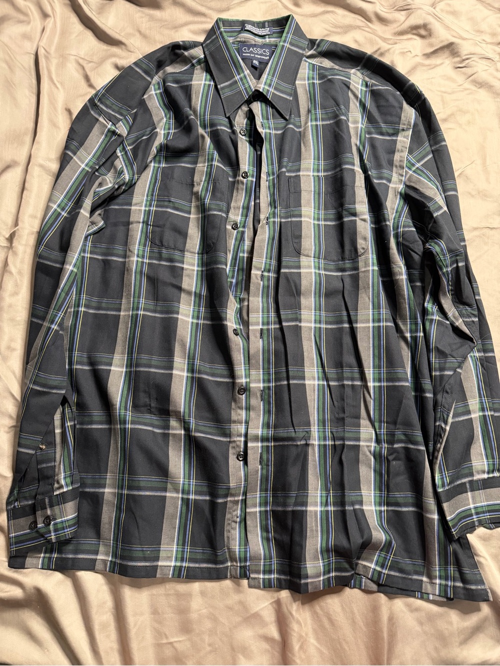 Classic Men's Black Plaid Button-Down Shirt with Green Accents